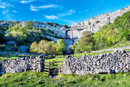 Fototapeta Malham Cove in the Yorkshire Dales with blue sky, drystone wall and gate