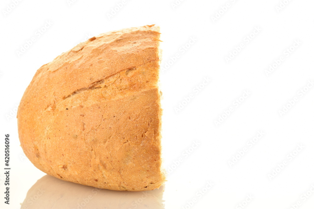 One half of white bread, close-up, isolated on white.