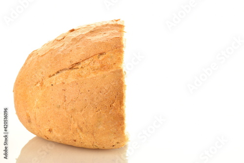 One half of white bread, close-up, isolated on white.