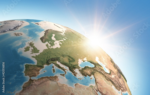 Sun shining over a high detailed view of Planet Earth, focused on Western Europe. 3D illustration - Elements of this image furnished by NASA