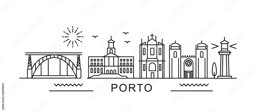 city of Porto in outline style on white. Landmarks sign with inscription. city of Porto in outline style on white. Landmarks sign with inscription.