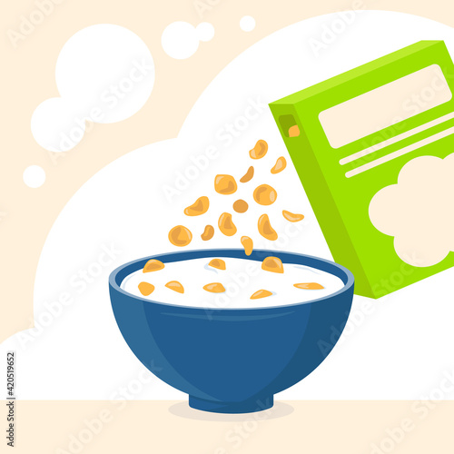 Blue bowl of cereal and milk, bright box of cereal. Concept of healthy and fast breakfast. Baby food. Cartoon style. Soft background, cozy colors. Flat vector illustration