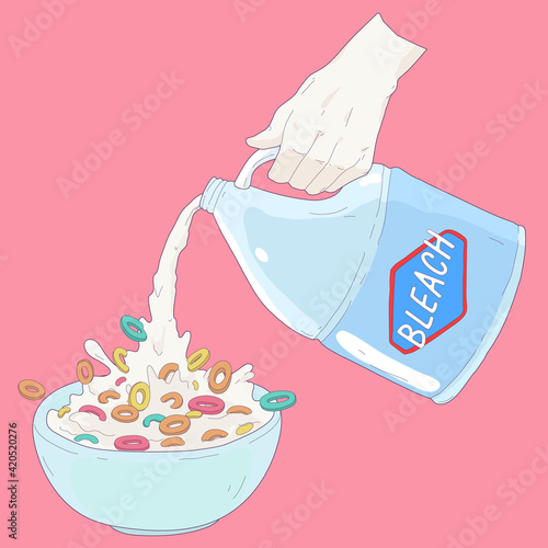 Hand pouring bleach in cereal bowl, funny ironic and awkward funny sweet murder concept illustration, sweet pastel color palette, 