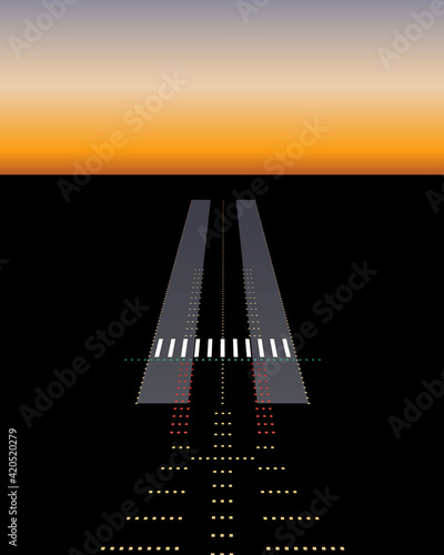 View from plane to landing runway with neon light signals / descending for landing on dark evening time, airport landing, voyage feeling vector illustration