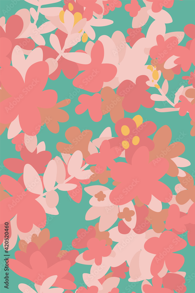 Tropical mix flowers seamless pattern, tint saturation pastel color, flat hand drawn doodle style vintage summer vibe, cute exotic nostalgic feelings