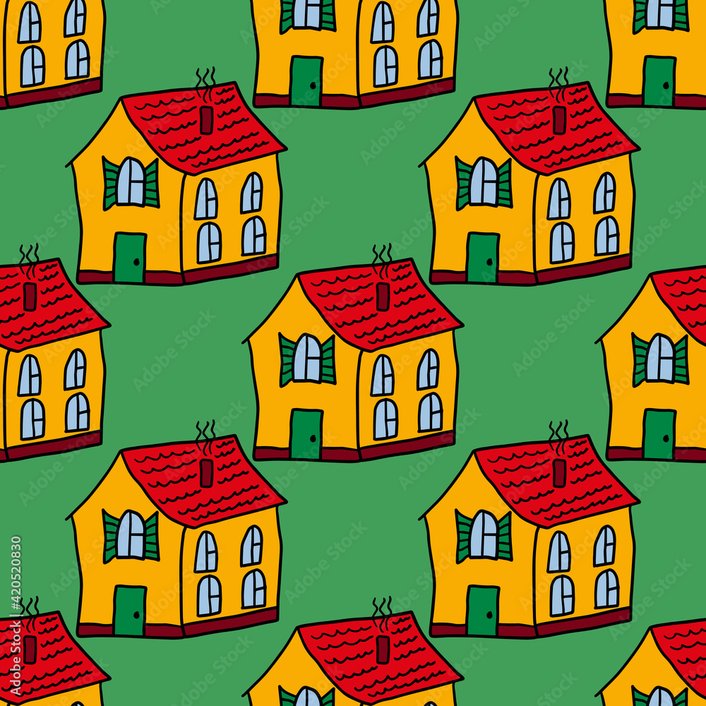 Cute fantasy cartoon doodle house, building seamless pattern. Architectural background.