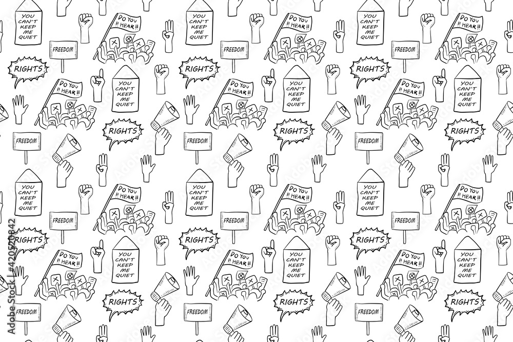 seamless pattern doodle art element in concept theme of protesting ,human rights, freedom and justice.