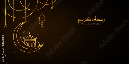ramadan background design, golden Crescent moon and star, islamic mosque art background vector with hanging lantern Illustration banner greeting design 