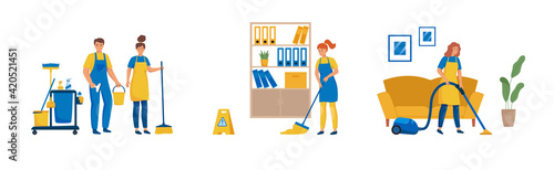 Set of cleaning staff characters with cleaning equipment
