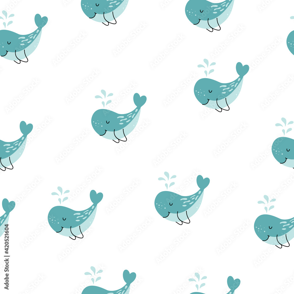 Fototapeta premium Cute background with cartoon blue whales. Baby shower design. Seamless pattern can be used for wallpapers, kids pattern fills, surface textures