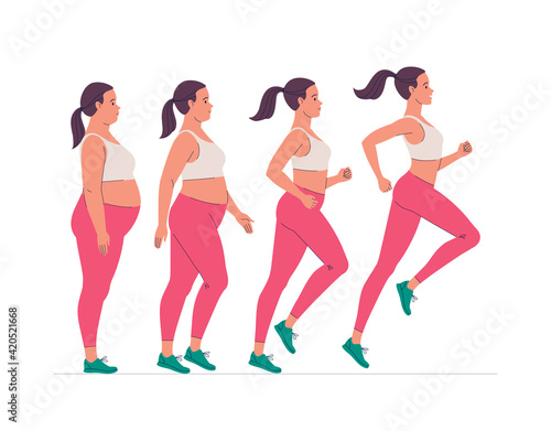 Stages of weight loss for a woman. Vector illustration of cartoon plump woman in sportswear jogging for slim fit. Isolated on white