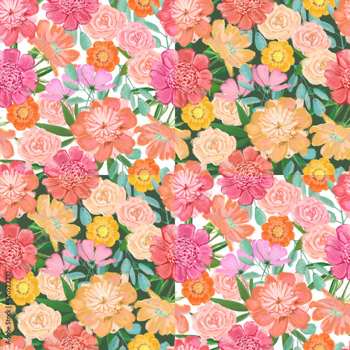Colorful blooming peonies and garden flowers, bright festive summer pattern. Patchwork background