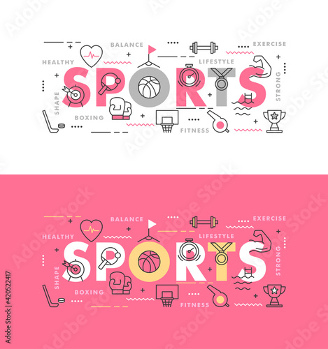 Sports infographic template. Vector set of sport tools and equipment, balls, active healthy lifestyle. Fitness and gym symbols for web, print. Sport activities background.Flat linear pictogram concept