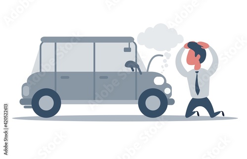 A manager or businessman have a force Majeure, a car broke down. Illustration