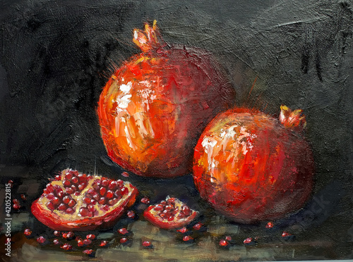oil painting red pomegranates. Ripe pomegranates on a black background. still life, contemporary art.
