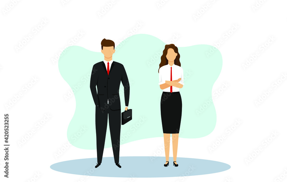 Man and woman in office suits. Teamwork. Illustration in flat style Man and woman in office suits. Teamwork. Illustration in flat style