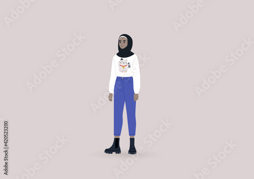 A young female Arab character wearing heavy black boots and a white long sleeve shirt with a lucky cat print, a modern casual lifestyle
