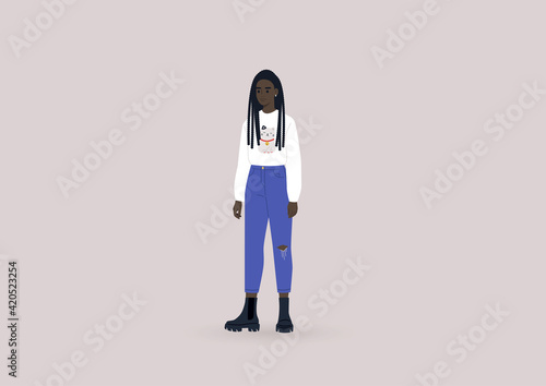 A young female Black character wearing heavy black boots and a white long sleeve shirt with a lucky cat print, a modern casual lifestyle