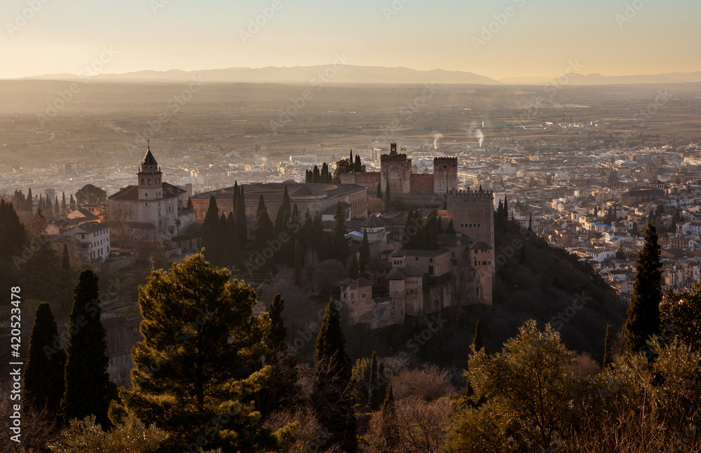 Granada view of Alhambra palace at sunset Travel Destinations Spain
