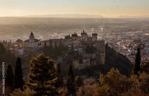 Granada view of Alhambra palace at sunset Travel Destinations Spain