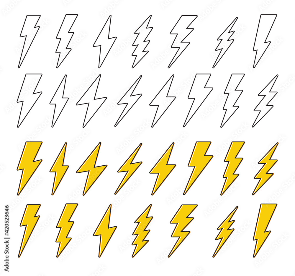 Lightning icons set. Thunder and bolt flash icon. Lightning bolt. White and yellow outline thunderbolt icons set isolated on white background. Lightning icons set. Thunder and bolt flash icon. Lightning bolt. White and yellow outline thunderbolt icons set isolated on white background.