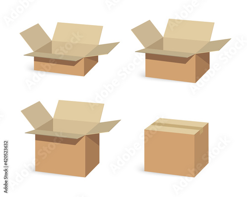 Closed and open recycle carton delivery packaging box. Isometric brown cardboard delivery package boxes open and closed. Set of empty storage boxes isolated on white background.