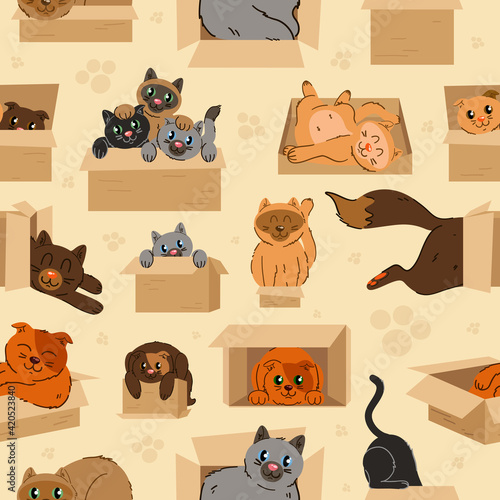Cats in cardboard transportation boxes cartoon seamless pattern. Graphic resource about cat and paper box for graphic,content , banner, sticker label and greeting card.
