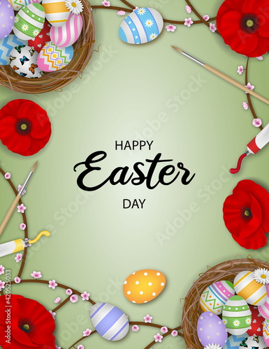 happy easter poster with colorful eggs in the nest and flowers