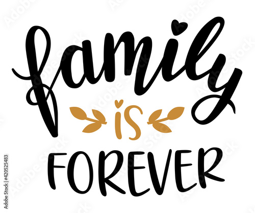 Family is forever hand lettering vector. Quotes and phrases for holiday postcards, banners, posters, mug, notebooks, scrapbooking, pillow case and photo album. Home and kitchen decor items design. 
