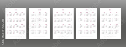 2021 2022 2023 2024 2025 calendar set in classic strict style. wall table calendar schedule, minimal restrained business design for notebook and planner. Week starts on sunday