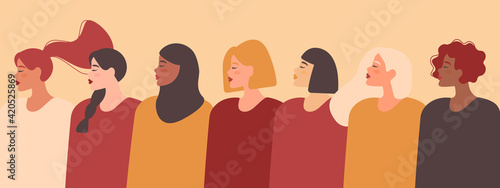 Different ethnicity women: African, Asian, Chinese, European, Latin American, Arab. Vector banner with women of different nationalities and cultures. Women's struggle for freedom and equality.