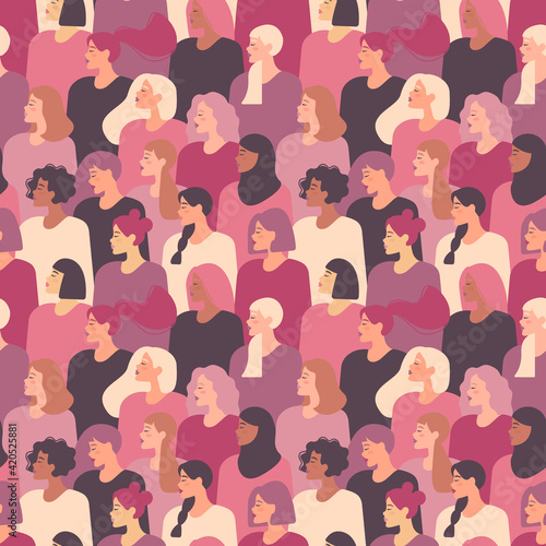 Female diverse faces of different ethnicity. Vector seamless drawing with women of different nationalities and cultures. Women's struggle for freedom, independence, equality.