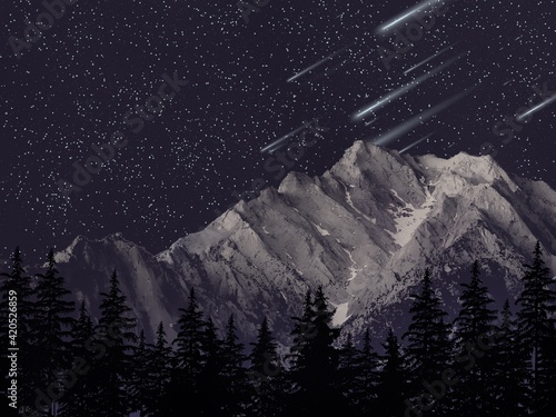 night landscape: mountains, starry sky and forest