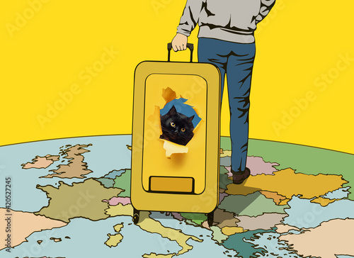 Canvas Print A funny black cat looks out of a torn hole in yellow paper