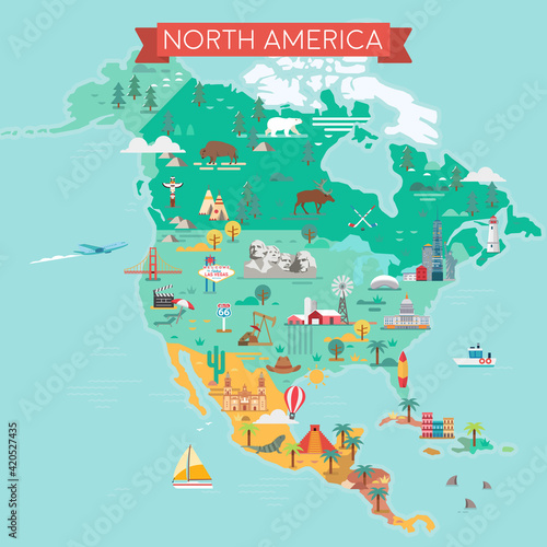 North America Map. Tourist and travel landmarks