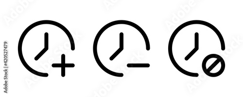 Clock with plus minus and forbidden sign line icon. Clipart image isolated on white background