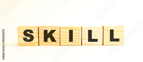 The word SKILL. Wooden cubes with letters isolated on white background.