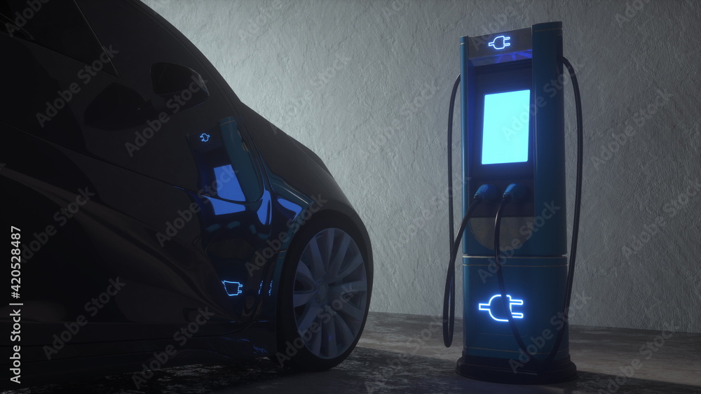 Electric car in garage. Charging station for electric cars. 3d