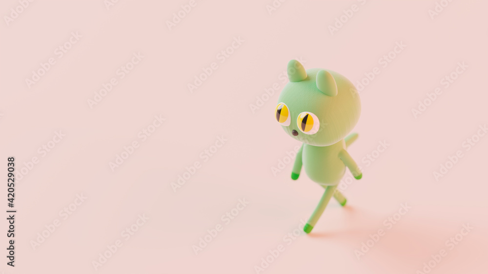 3D illustration, 3D rendering. Cute cartoon green cat 3D illustration, 3D rendering. Cute cartoon green cat