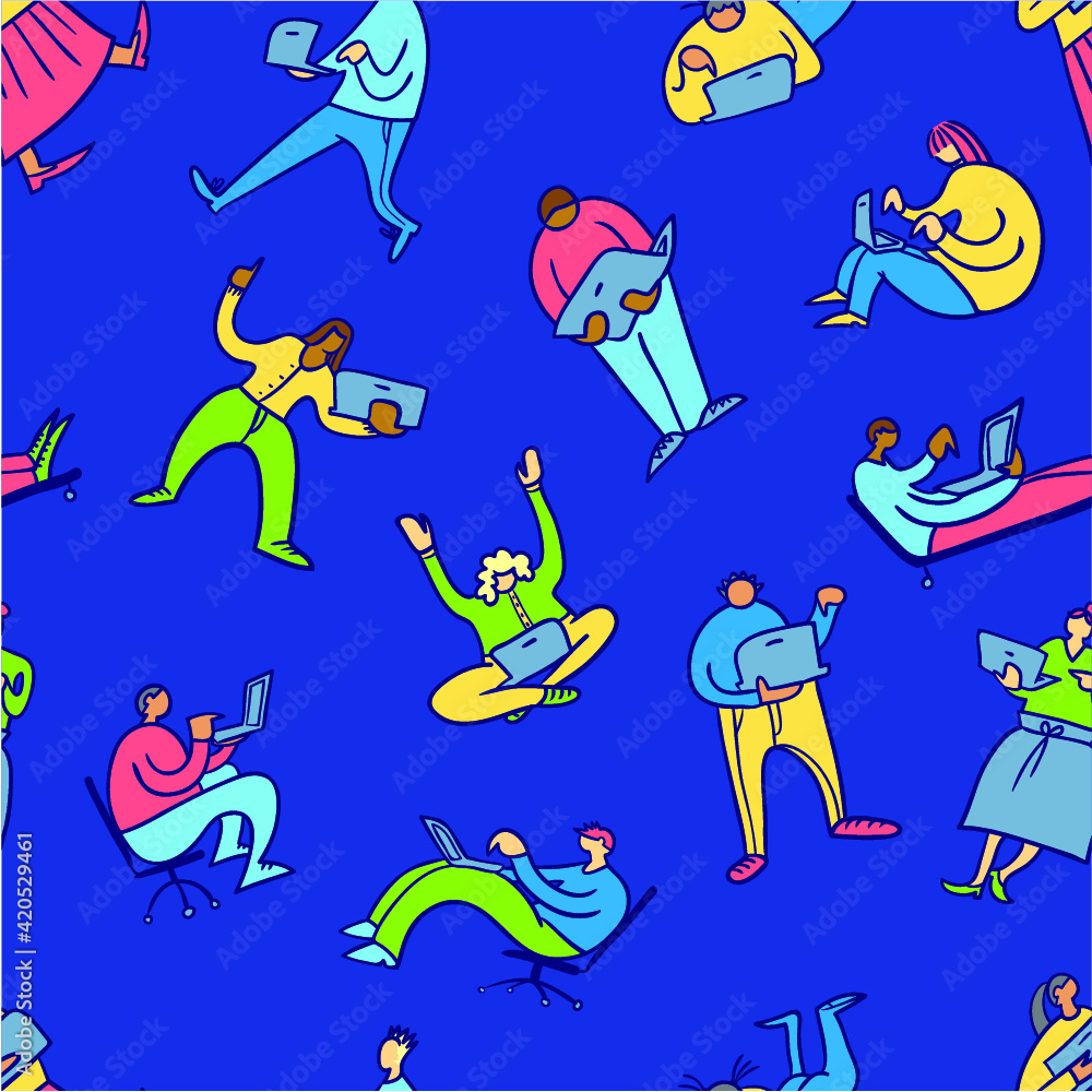 Obraz premium Background with man and woman working with mobile wireless laptop. Seamless pattern with people with pc in action. Vector illustration in sketchy doodle style