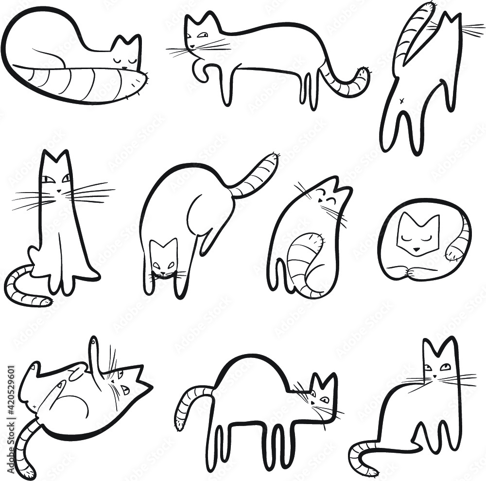 Fototapeta premium Setn with doodle cats. Collection with playing kitten in incomlete cute sketchy style. Vector line art illustration. Simple domestic pets.