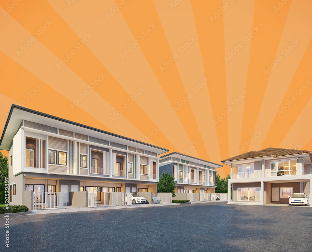 House and townhomes.Real estate concept,property for summer sale.3d rendering House and townhomes.Real estate concept,property for summer sale.3d rendering