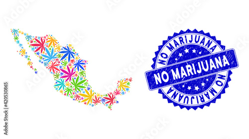 Vibrant Mexico mosaic map combined of marijuana icons, and No Marijuana grunge watermark. Vector marijuana random flat vibrant icons are organized into mosaic map of Mexico state.