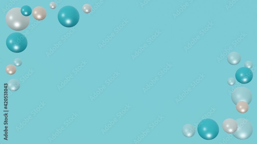 pearl-like blue bubbles floating minimal frame border corner on bright blue background, shiny blue pastel color balls frame backdrop, festive concept, 3d illustration
