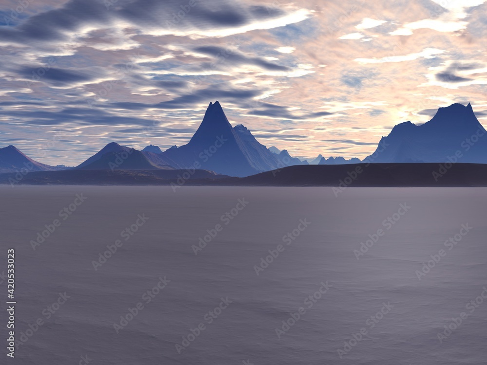 Illustration of amazing, beautiful, and inspirational sunset mountain and sea landscape