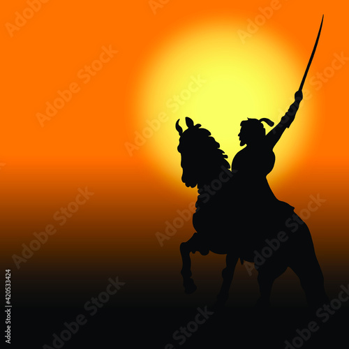 Drawing of Shivaji Maharaj riding horse. silhouette on sunset or sunrise background photo