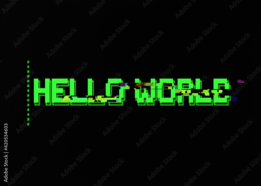 An ASCII illustration with a heavy glitch effect: the green text Hello World on a black retro vintage computer terminal.
An ASCII illustration with a heavy glitch effect: the green text Hello World on a black retro vintage computer terminal.