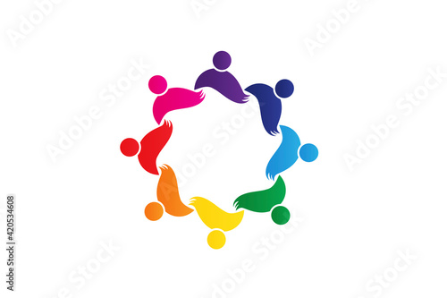 Teamwork young diversity people partners in a hug of eight persons concept of unity friendship partnership working together icon logo vector image design