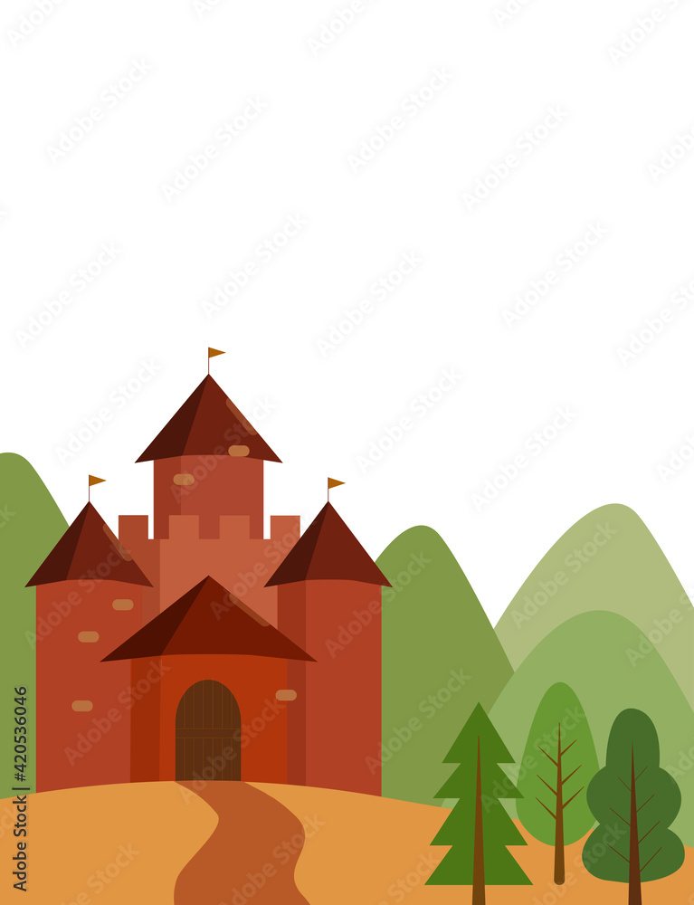 Fairy-tale castle among the hills. Vector illustration with space for text, suitable for postcards, children's books or posters