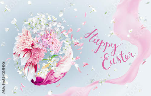 Happy Easter - vector greeting card with Easter floral egg and lettering design.